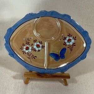 Japanese Lusterware divided serving plate Hand Painted Floral Butterfly